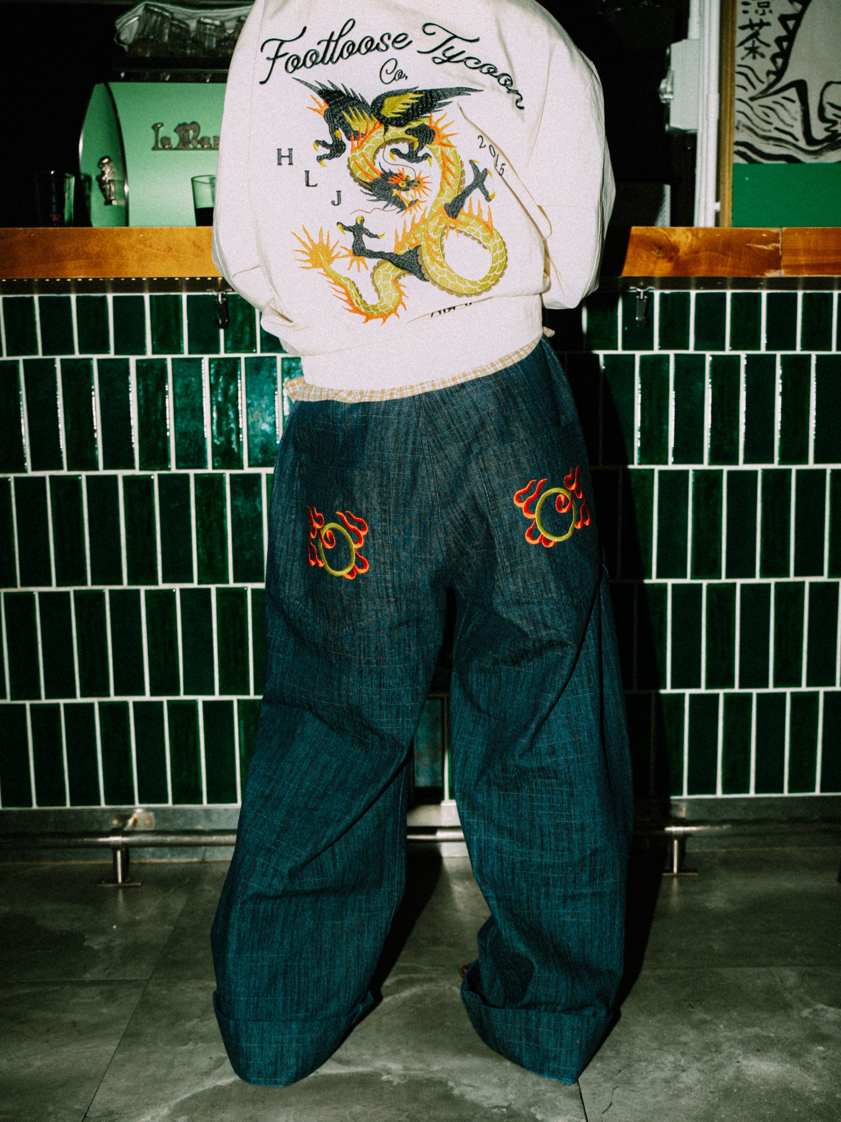 Ho Lan Jeng X Footloose Tycoon Embroidered Fireball Bamboo Jeans
