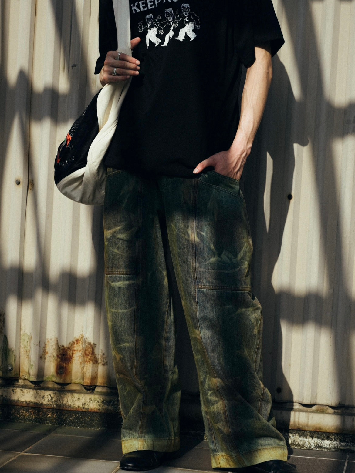 FOOTLOOSE TYCOON MULTI POCKET DIRTY GREEN WORK JEANS