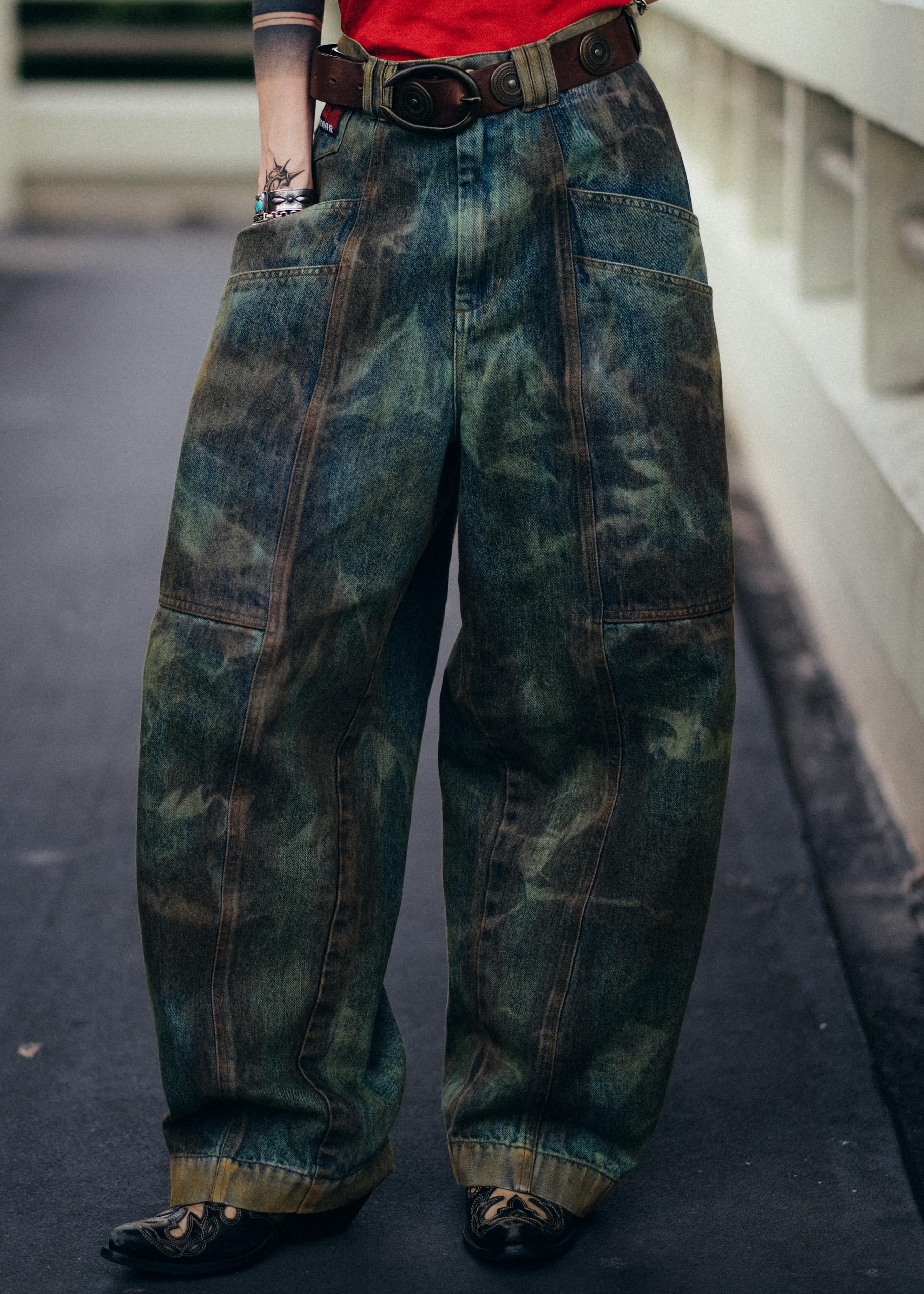 FOOTLOOSE TYCOON MULTI POCKET DIRTY GREEN WORK JEANS