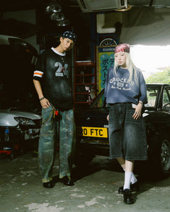 GROCERY X FOOTLOOSE TYCOON OVERSIZED WASHED DENIM SHORTS/ AGED BLACK
